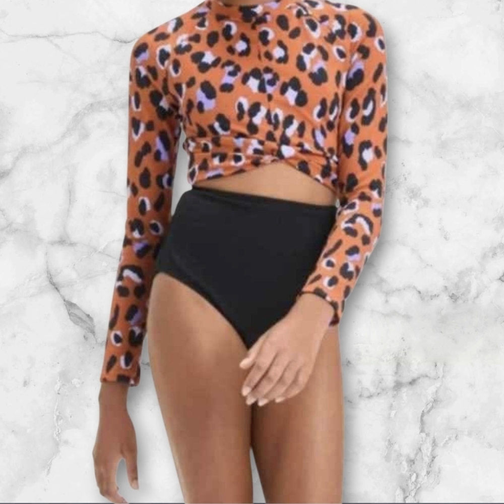 NWT Girls' Hand Drawn Cheetah Printed One Piece Swimsuit - SIZE:8 Long Sleeve